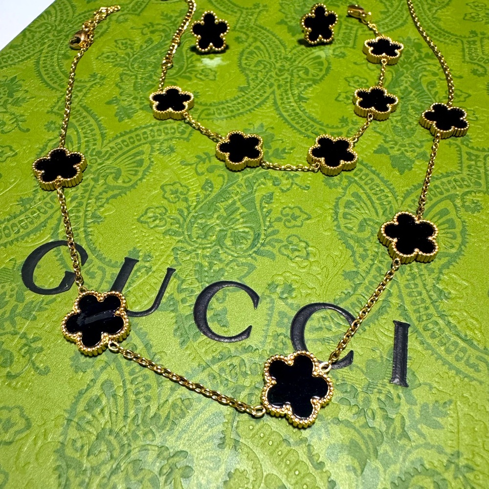 Black Van Clef Style Set Necklace,bracelet & Earrings